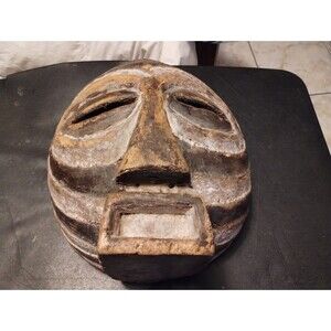 Mask Congo African Art Hand Carved Wood Tribal Luba Folk Round